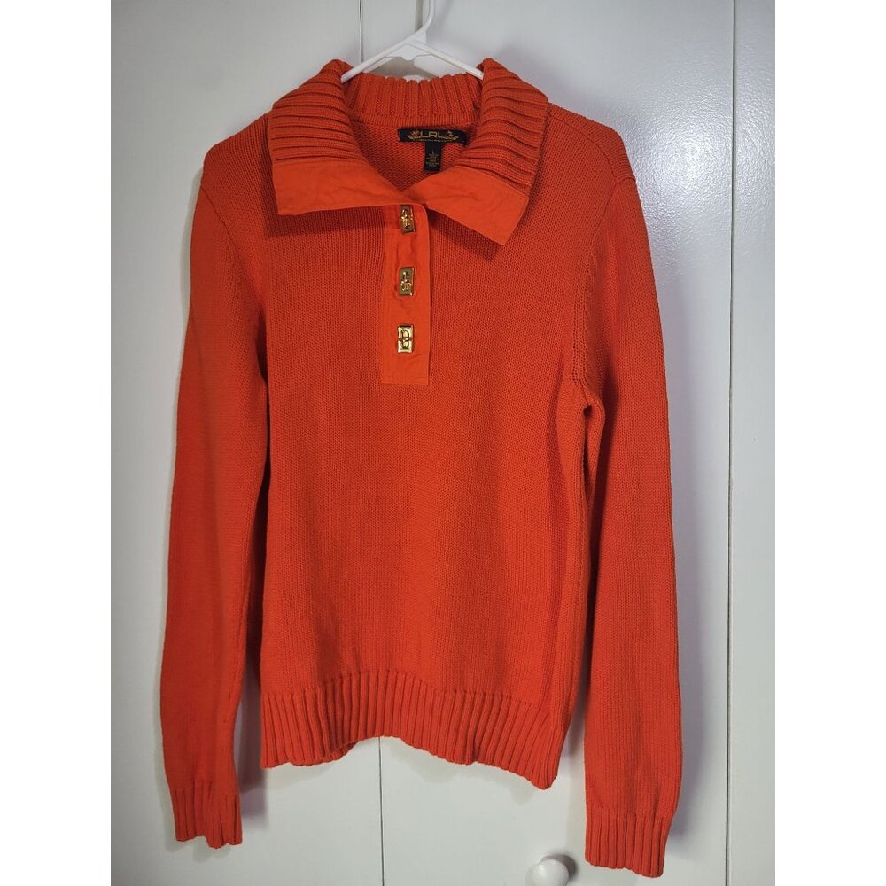 LRL Lauren Ralph Lauren Women L Orange Sweater Gold Turn Lock Preppy Old Money - Picture 2 of 6